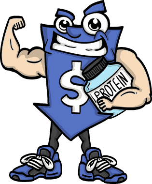 WheyDeals mascot holding a tub of protein
